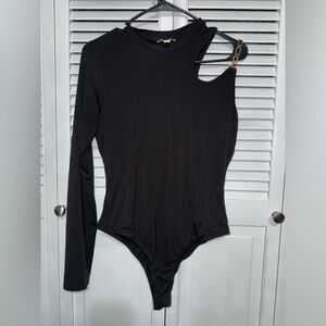 London Rose Agolde Black Rib Knit Asymmetric One Shoulder Long Sleeve Bodysuit